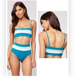 L*Space Rebel Stripe Bikini Top NWT Beautiful Mediterranean-Cream- Pool XS $99